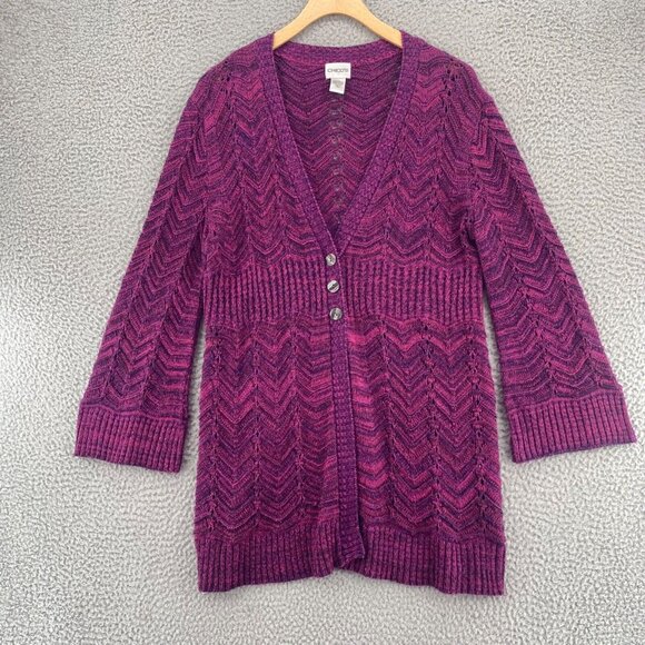 Chicos Sweater Womens 2 US Large Purple Marled Knit Stretch Cardigan Button Up - Picture 1 of 9